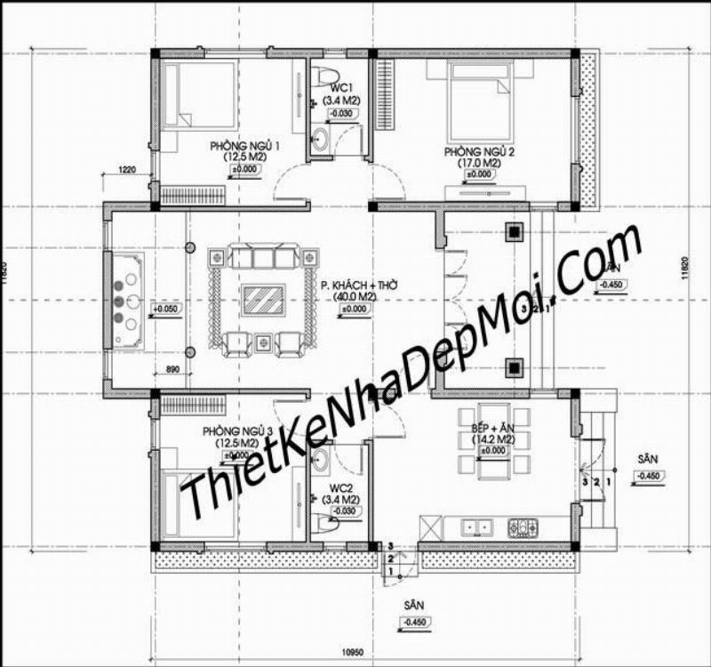 Bản vẽ của các ngôi nhà cấp 4 3 phòng ngủ 100m2 Mái nhà