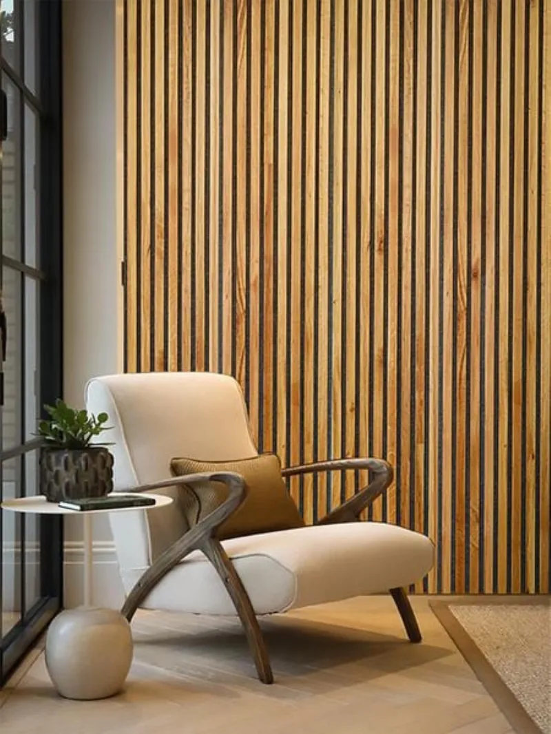 Modern living room with wooden slats wall