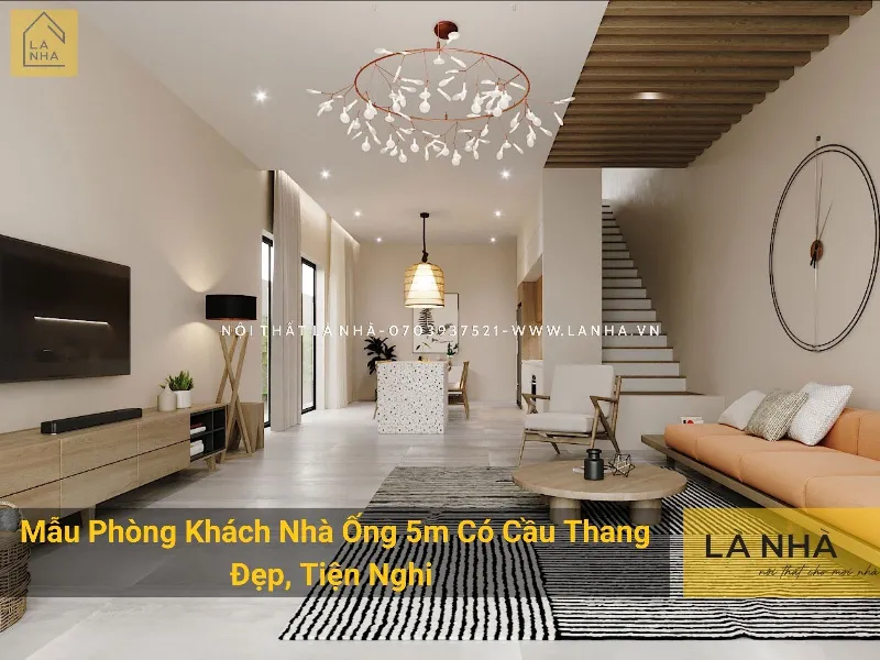 Nội thất phòng khách với cầu thang gỗ