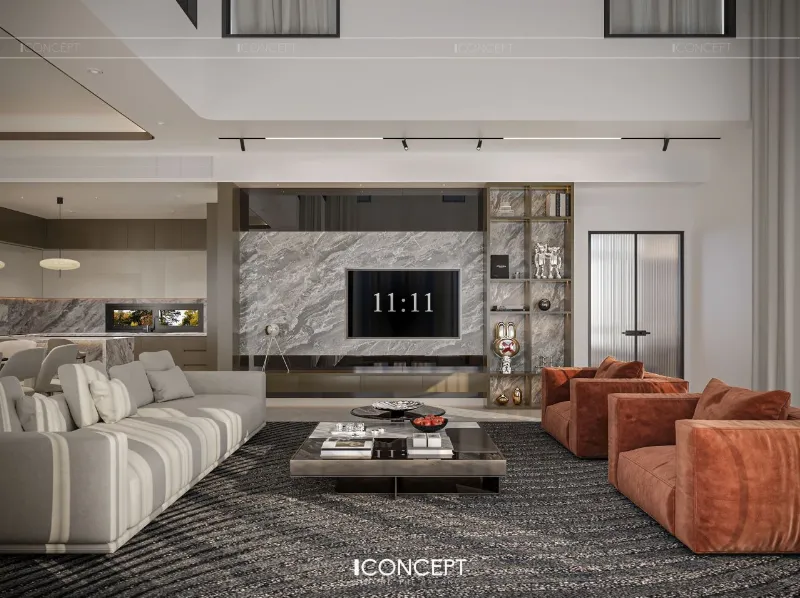 Phòng khách nhà phố được thiết kế theo phong cách hiện đại với gam màu trung tính