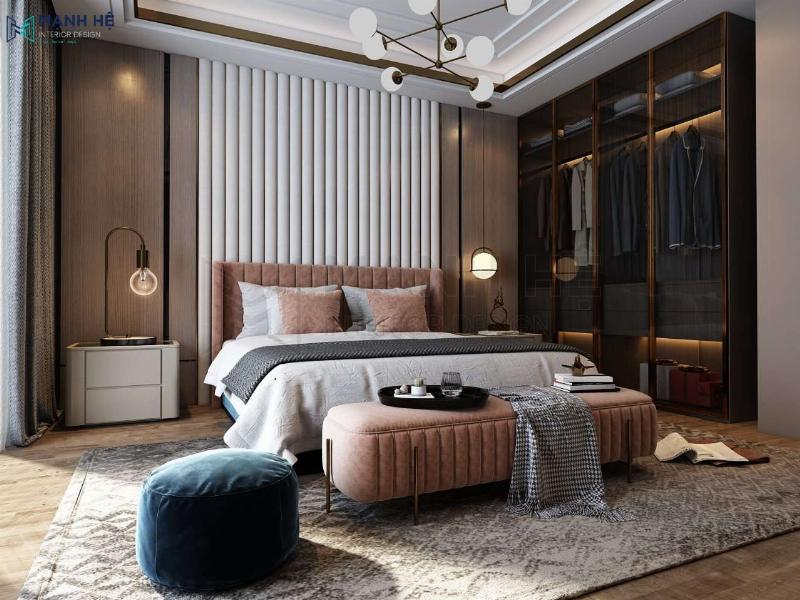 Phòng ngủ màu hồng với ánh sáng ấm áp