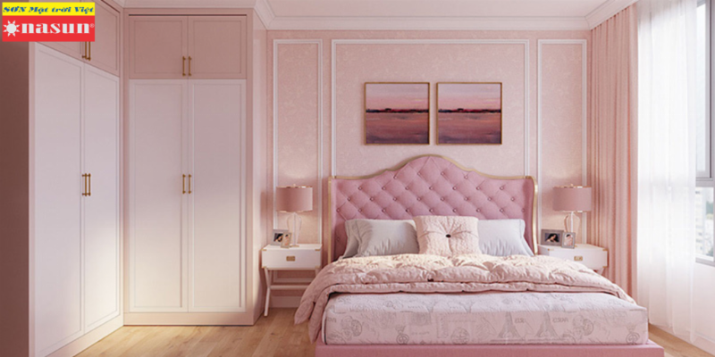 Phòng ngủ màu hồng pastel dịu dàng